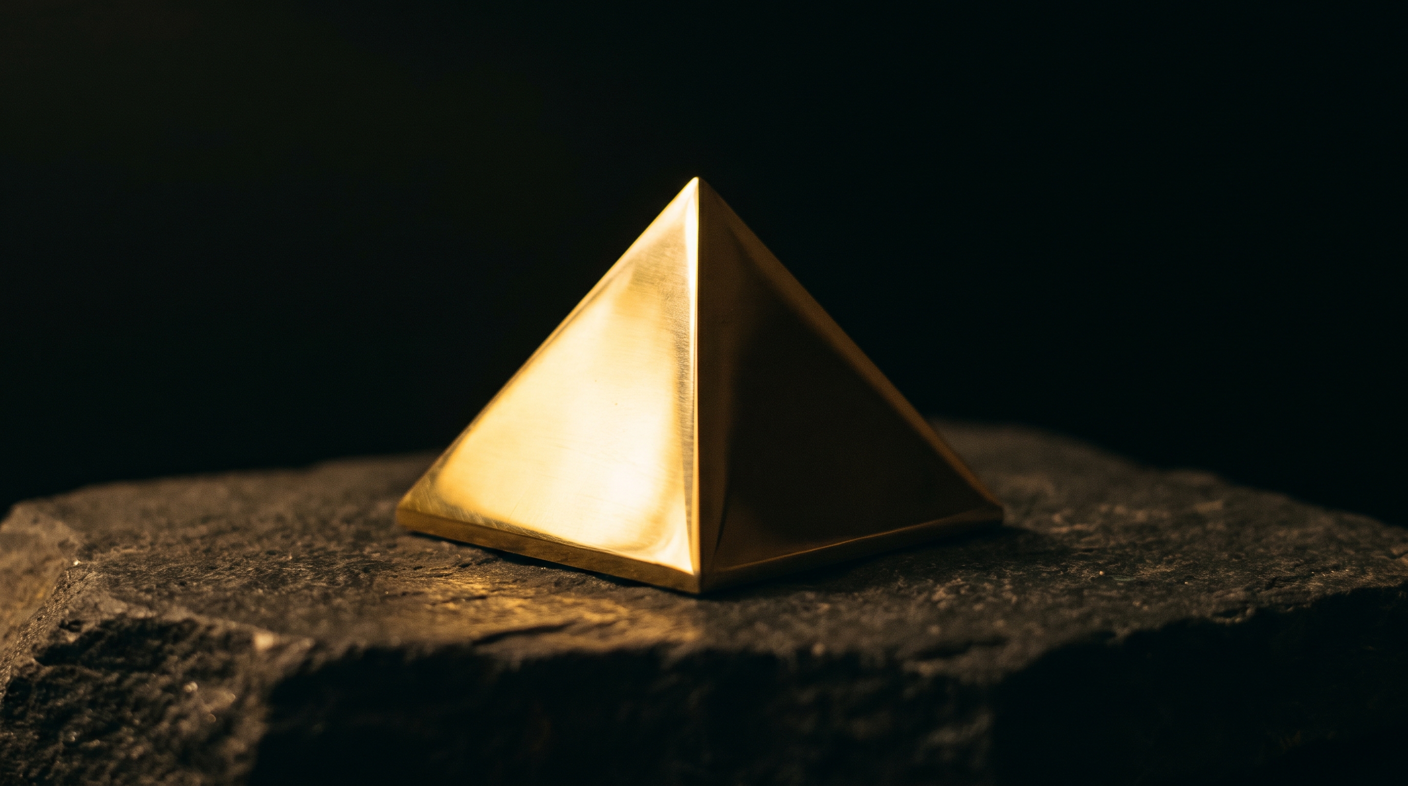 A small polished brass pyramid on a dark stone slab, lit by a single warm light from the upper left