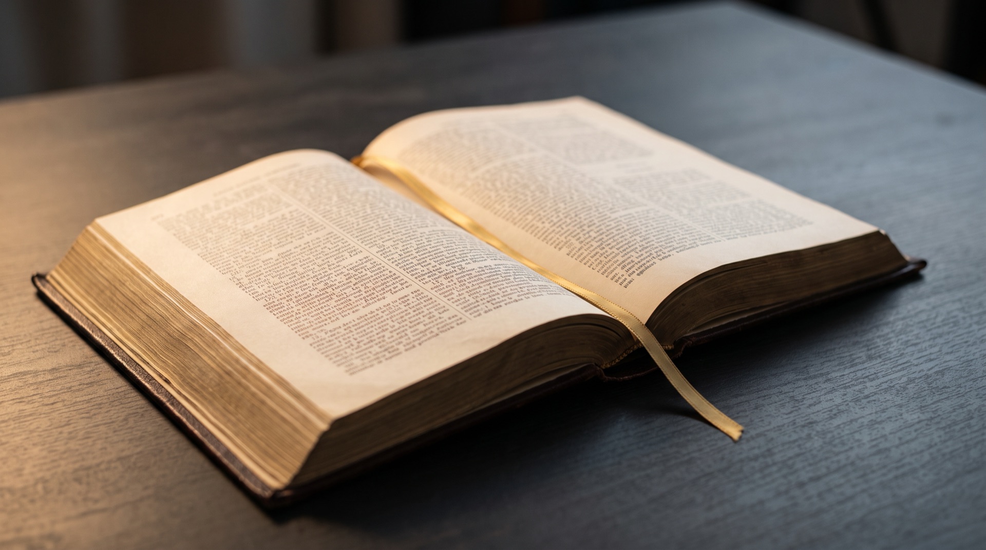 A thick bound volume lying open on a dark desk under a warm light, a gold ribbon marker running down the page