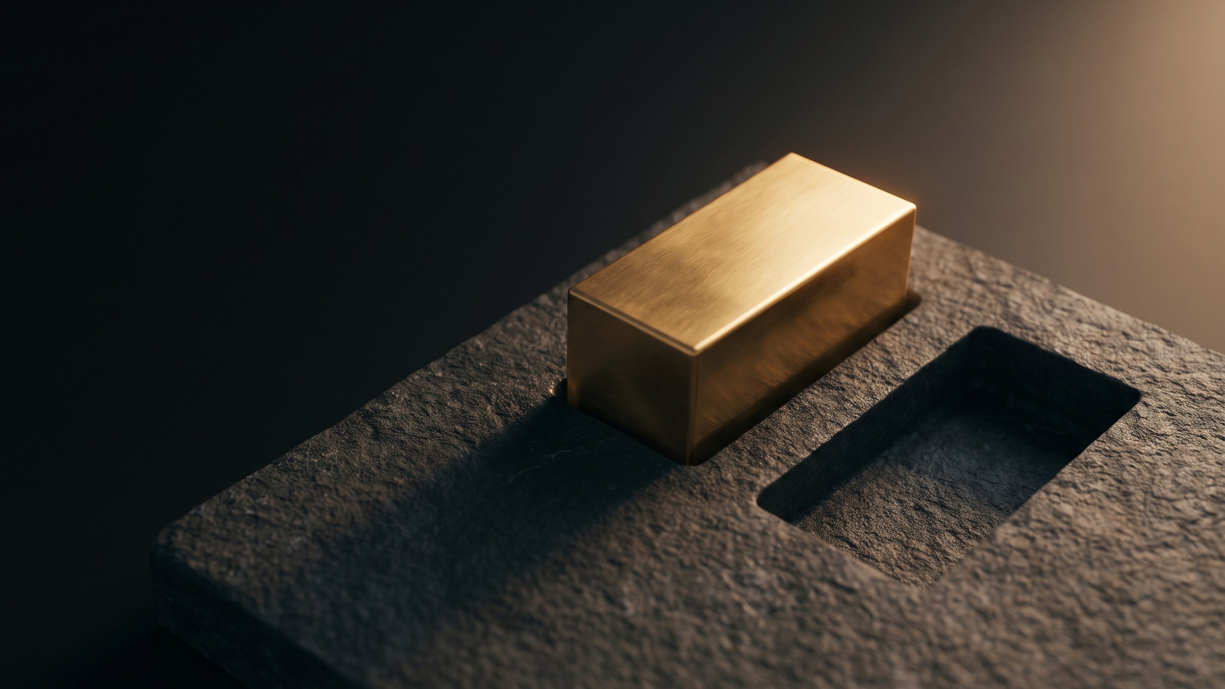 A polished brass block resting proud of one recess cut into a dark stone slab, a second empty recess beside it