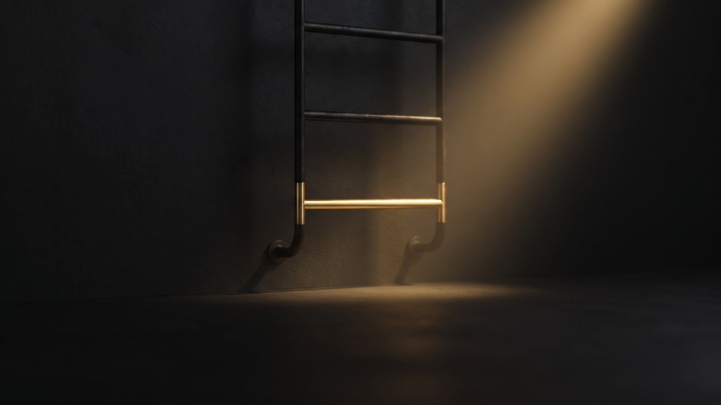 The lowest rung of a dark ladder picked out in polished brass, lit by a single warm light