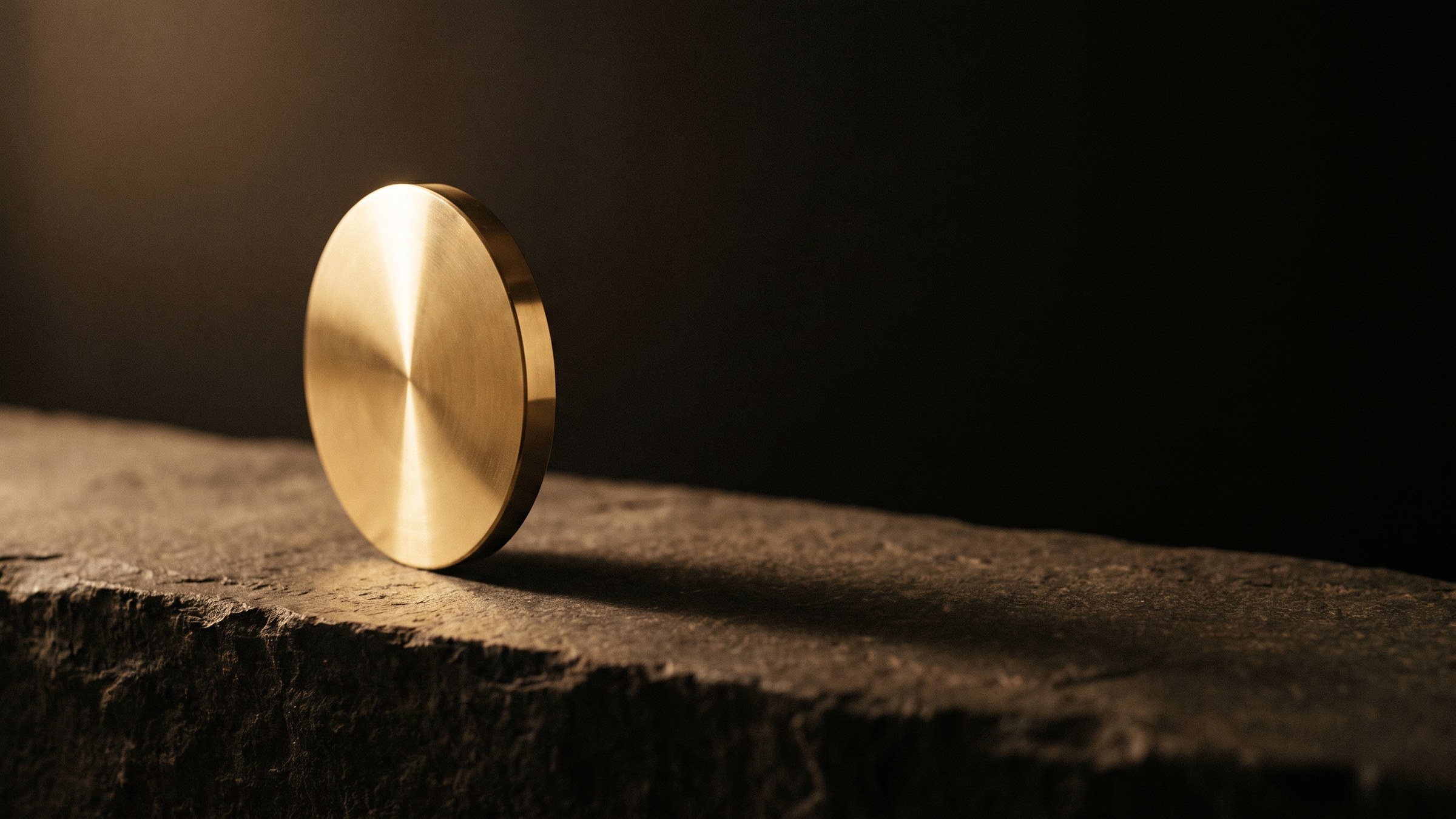 A polished brass disc standing on its edge on a dark stone ledge, casting a long shadow