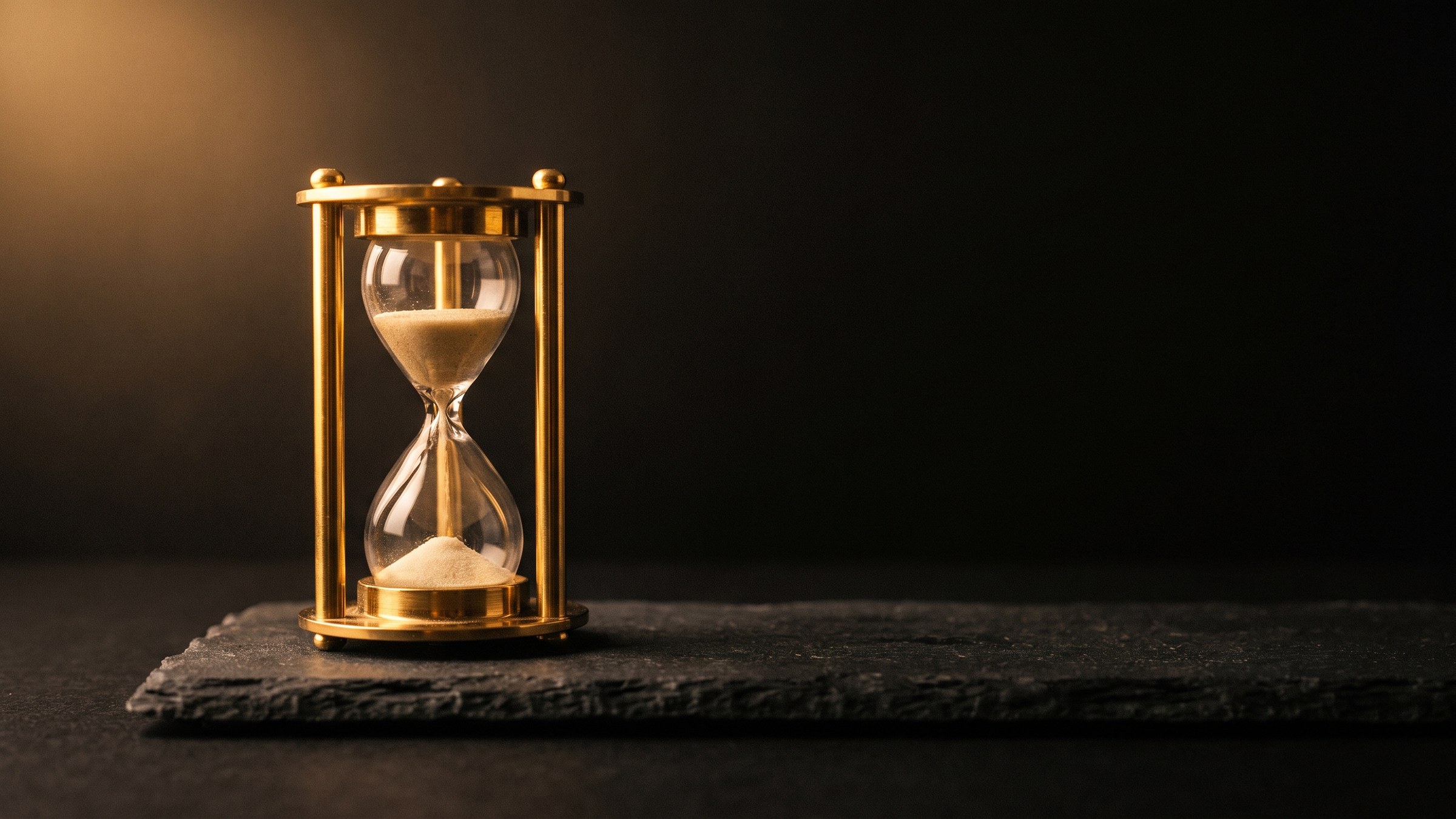 A polished brass hourglass on a dark stone slab with the last of the sand running through, lit by a single warm light
