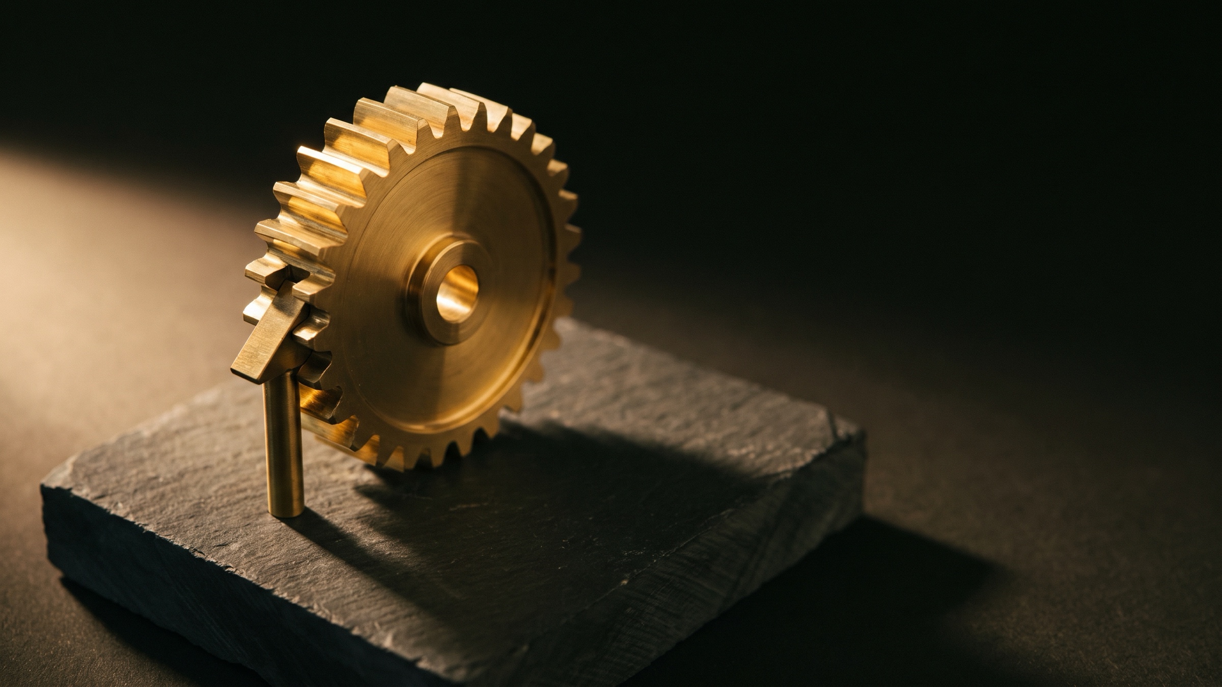 A brass ratchet wheel held by its pawl on a slab of dark slate, lit by a single warm light from the left