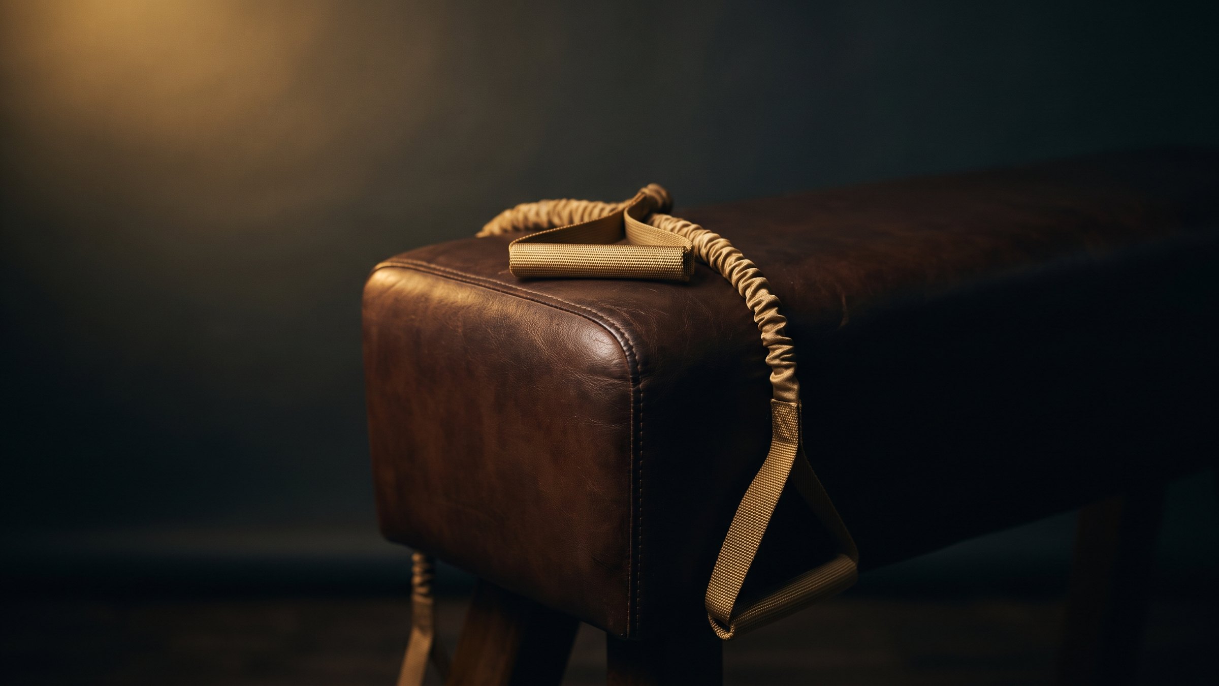 The padded corner of a brown leather treatment plinth in a dark room, a gold resistance exercise band with handles draped over it in warm light.