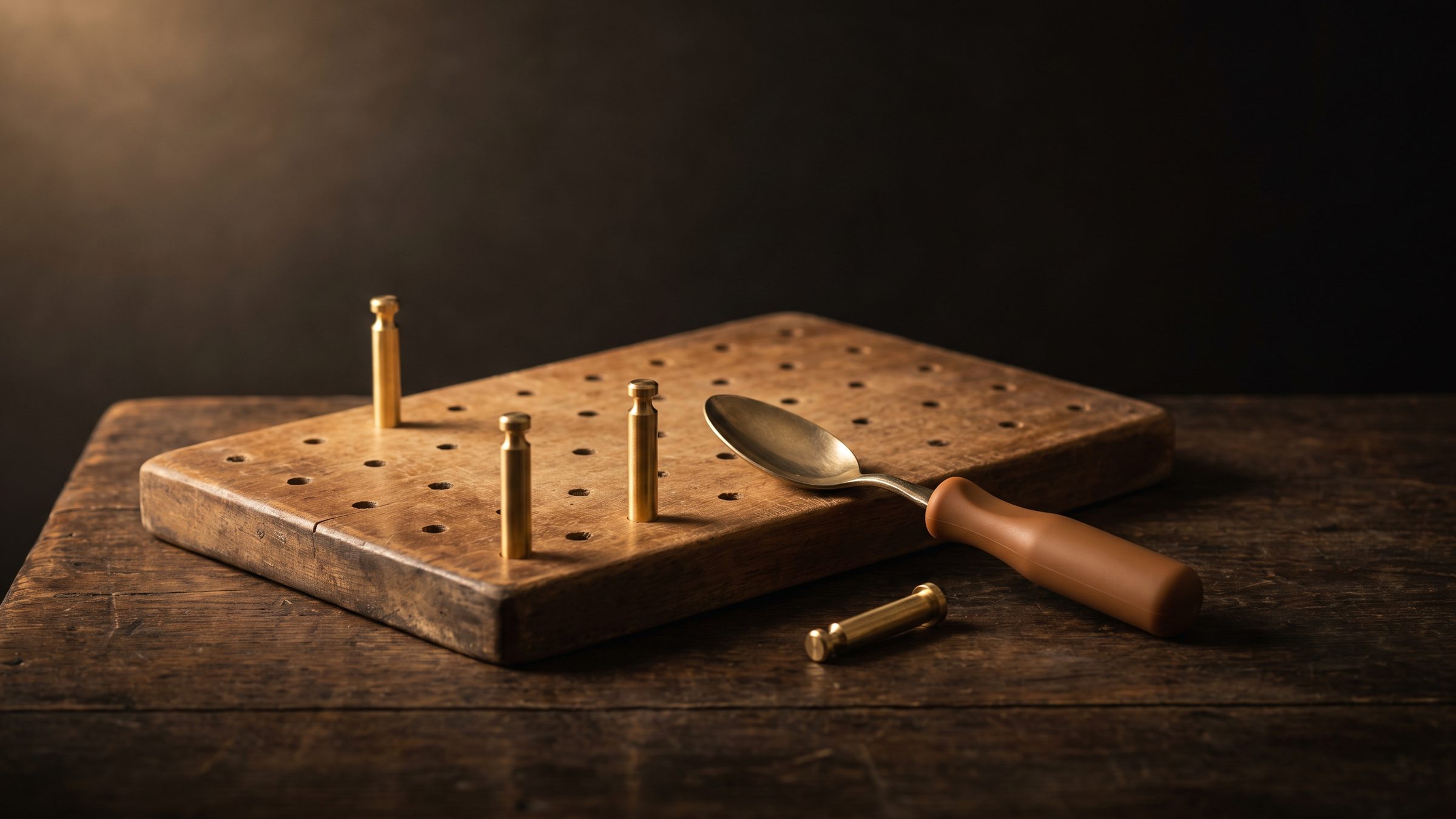 A wooden hand-function pegboard with brass pegs on a dark table, one peg lying loose beside a spoon with a thick built-up grip handle.