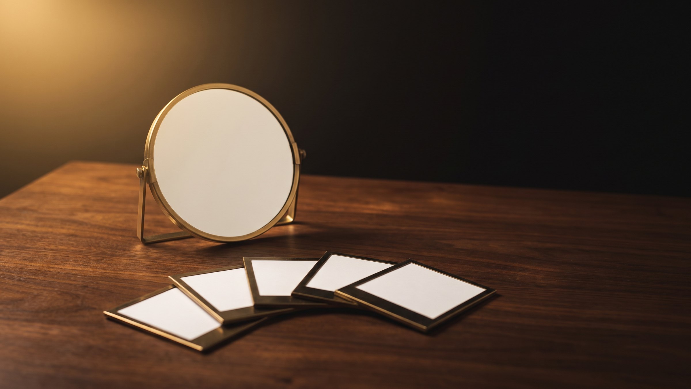 A round brass-framed tabletop mirror on a dark wooden table with a fan of blank therapy picture cards in front of it, in warm light.