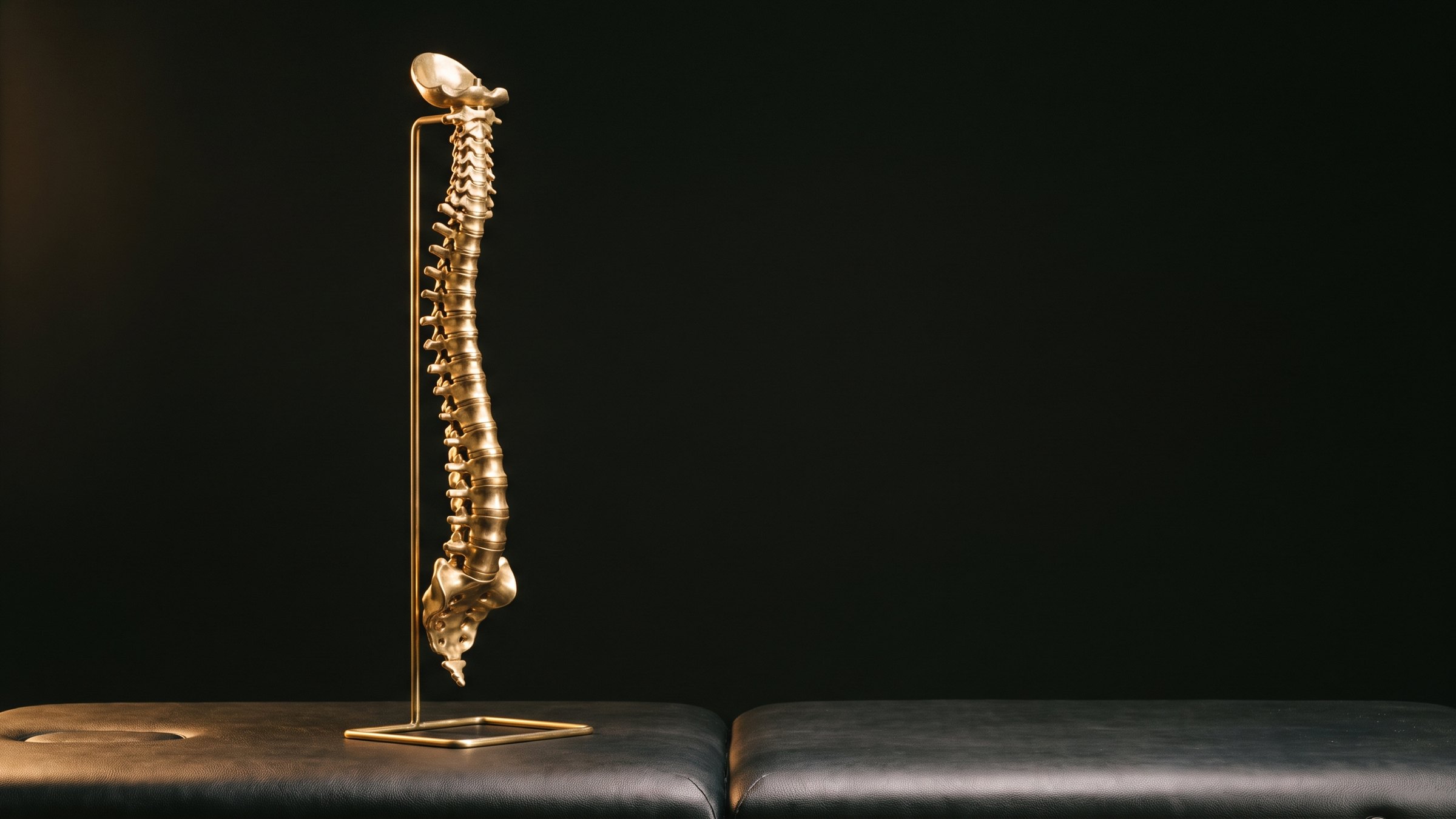A brass model of the human spine mounted upright on a slim stand, resting on a black leather treatment table against a near-black background.
