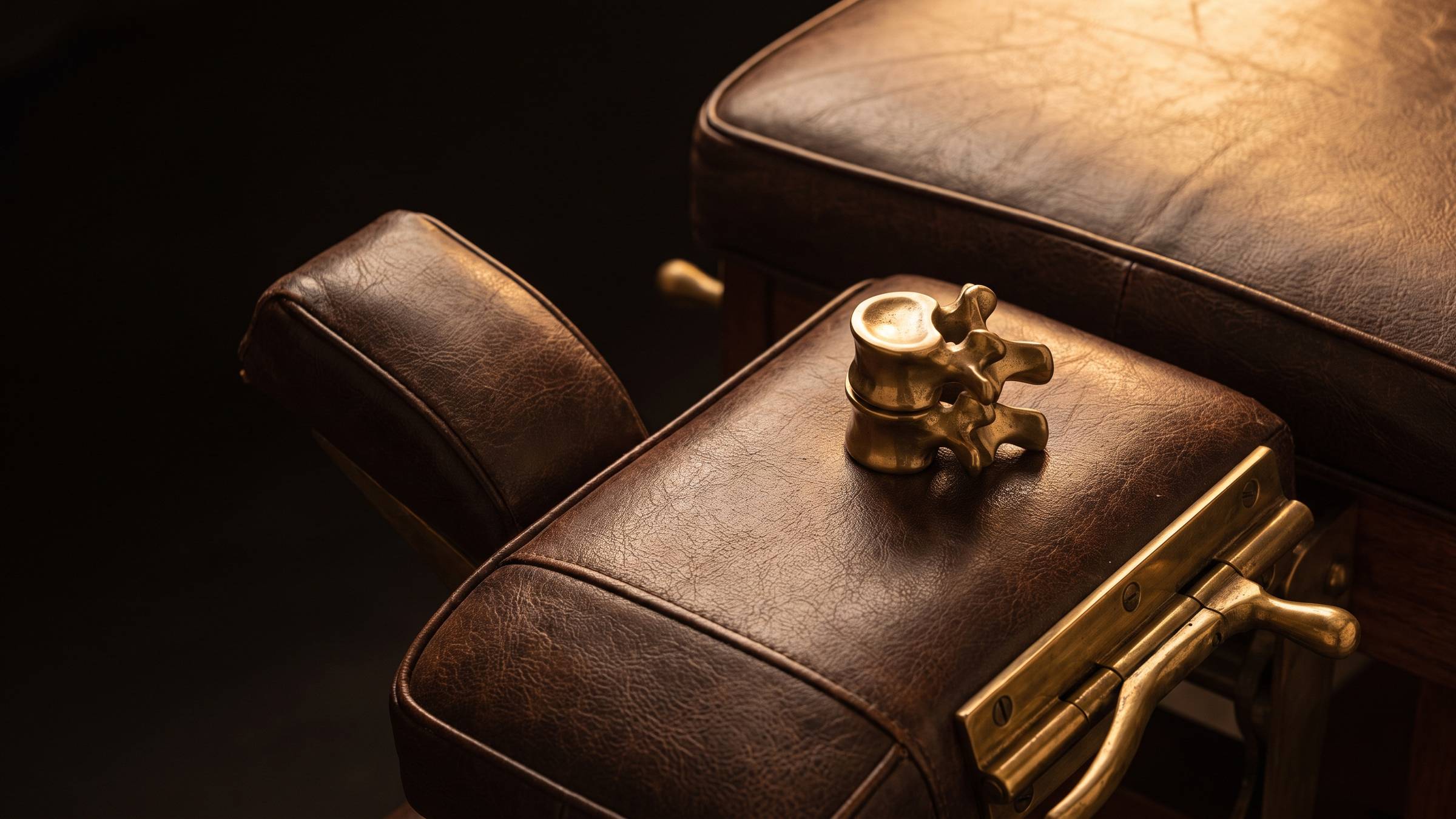 A brass model of two stacked vertebrae on the raised padded section of a leather adjusting table with brass hinge and lever hardware.
