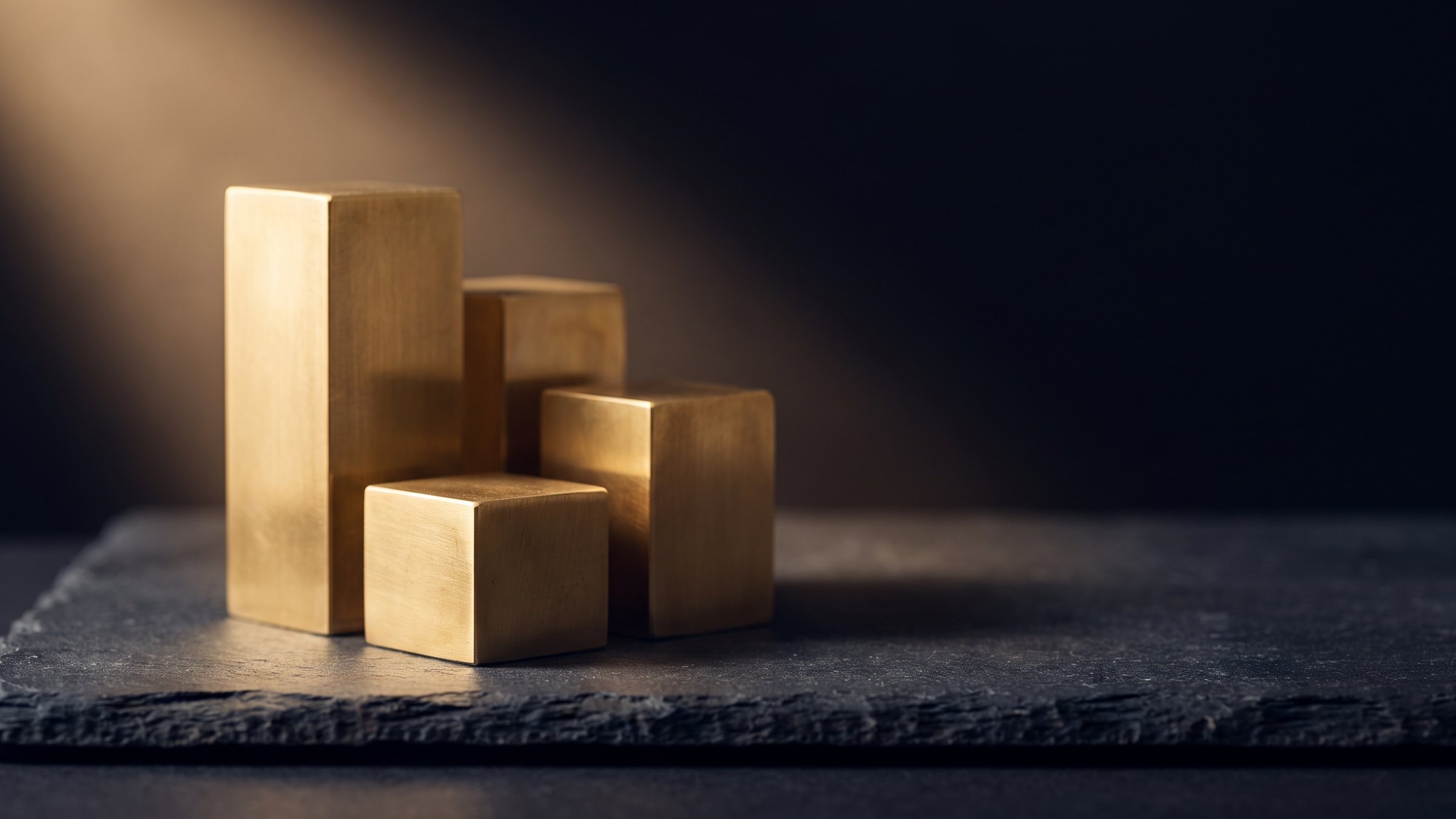 Three polished brass blocks of rising height stepped on a slab of dark slate, lit by one warm light from the upper left
