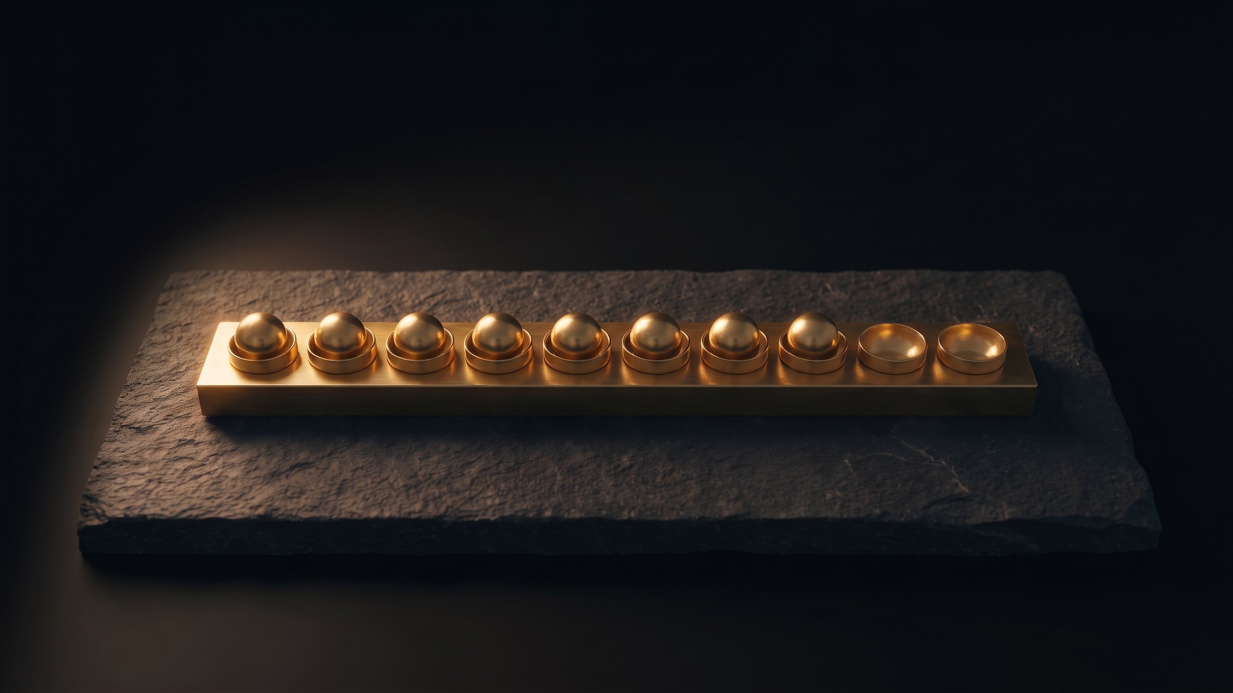 A long brass tray on dark slate holding ten shallow cups, eight with polished brass spheres and the last two empty, lit by one warm light from the upper left