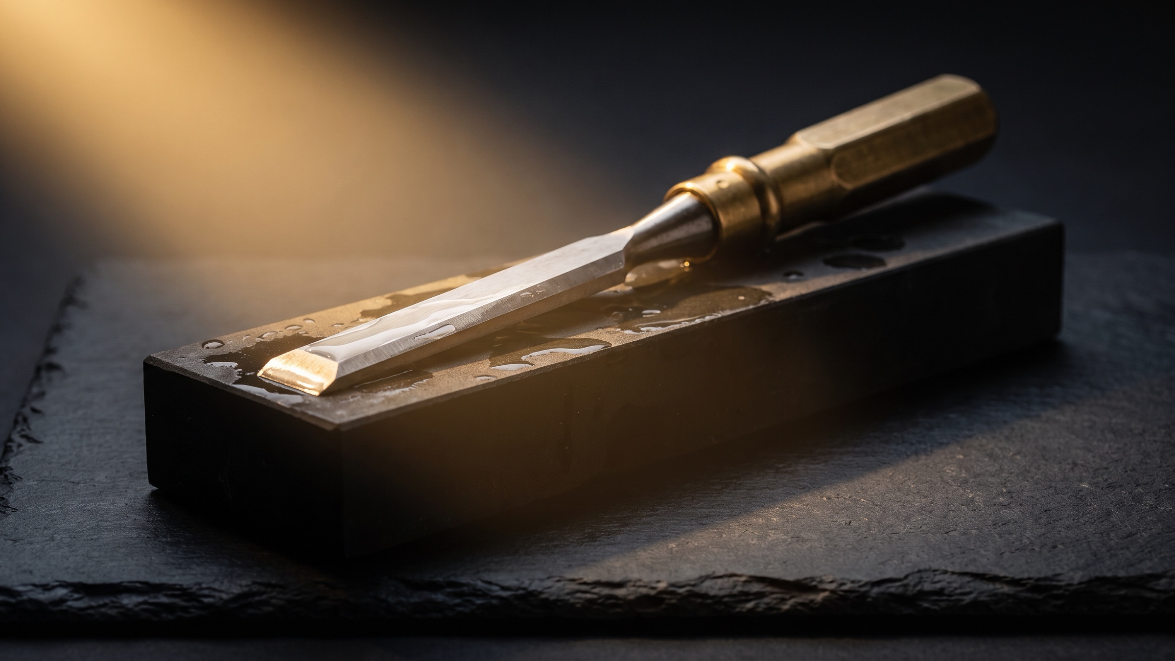 A brass-handled chisel resting on a wet black sharpening stone on dark slate, its freshly honed edge catching one warm light from the upper left