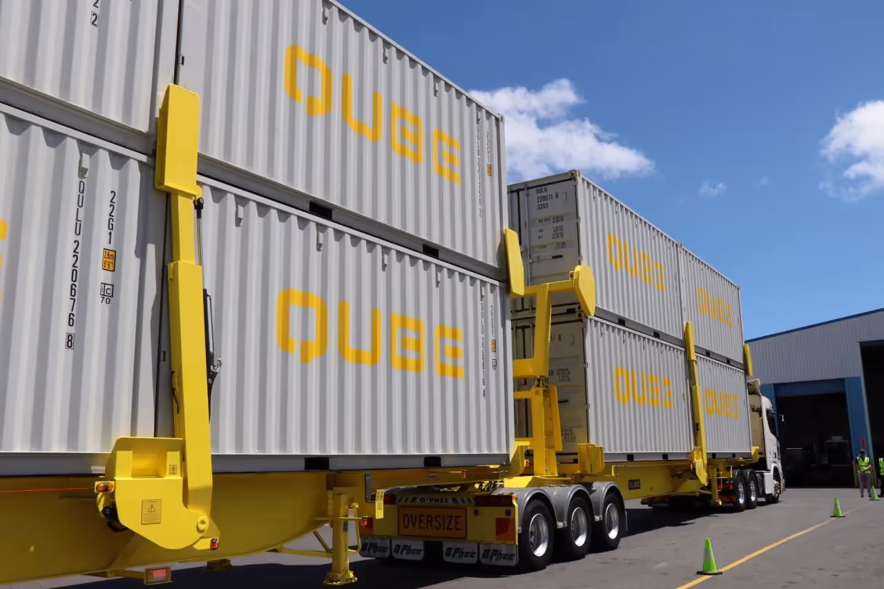 Qube's double-stacked container vehicle at the Port of Brisbane