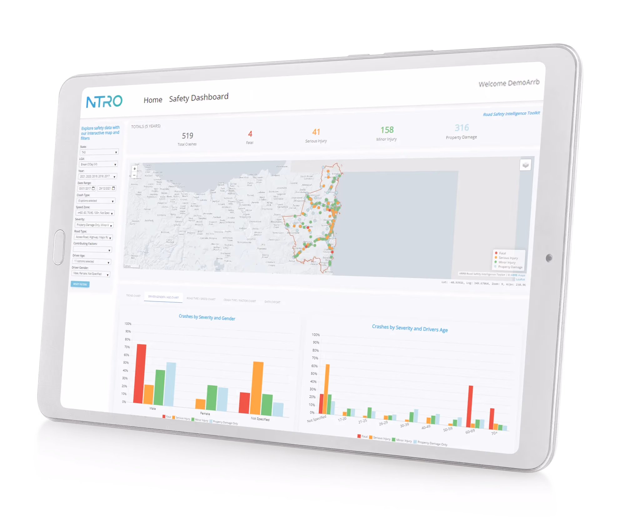 Screenshot of NTRO Road Safety Intelligence toolkit on a tablet device