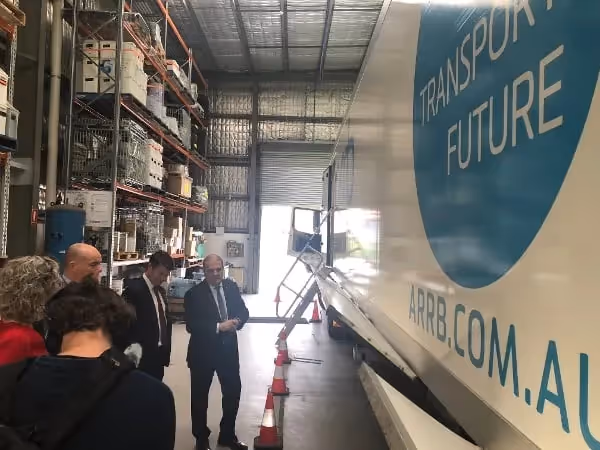 Victorian Roads Minister Ben Carroll inspects iPAVE at NTRO's Port Melbourne headquarters