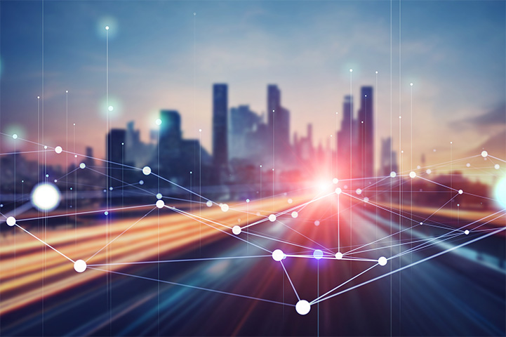 Roads leading towards a city with abstract connective lines and nodes.