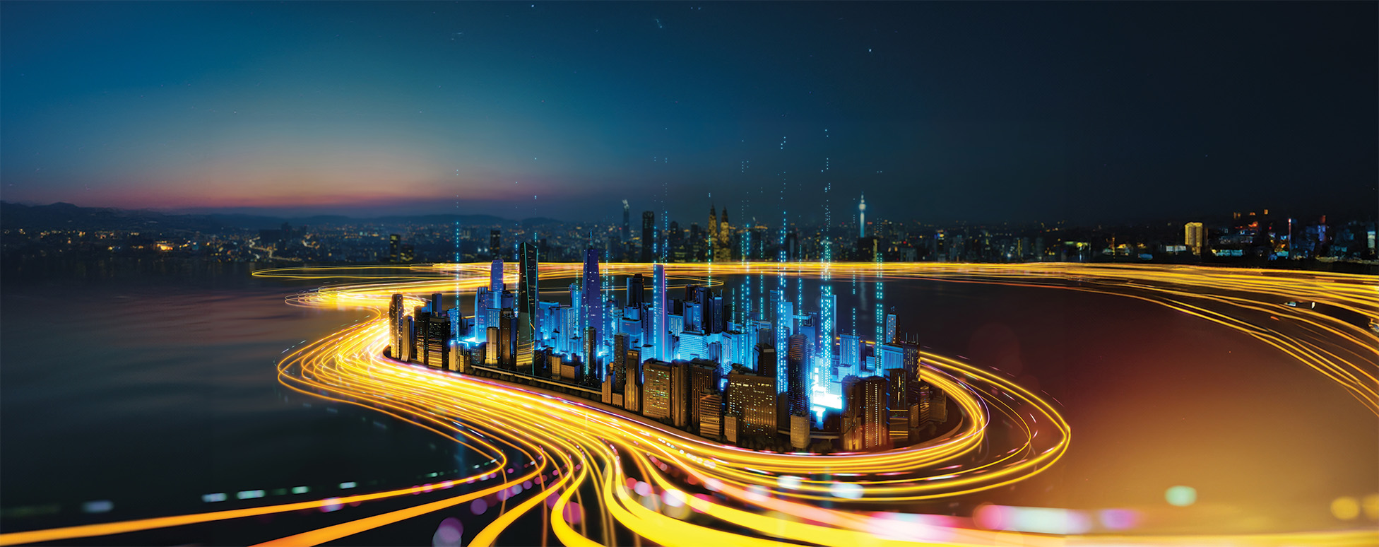 Futuristic cityscape with yellow car lights wrapping around the city.