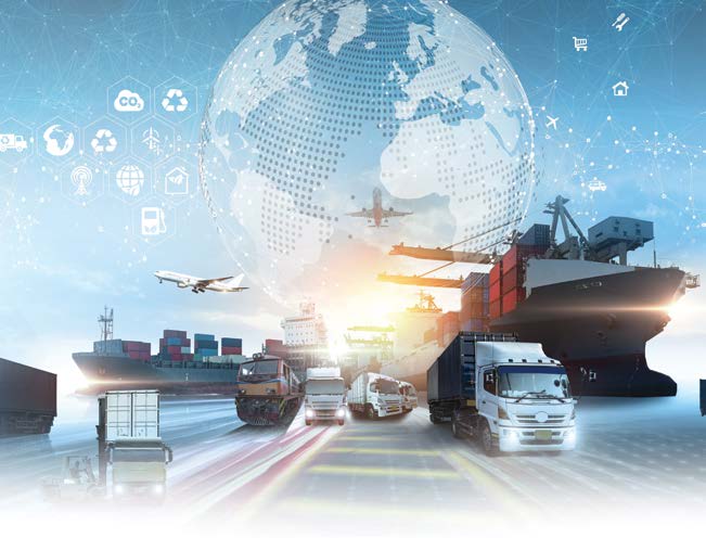 Mixed transport including trucks and cargo ships.