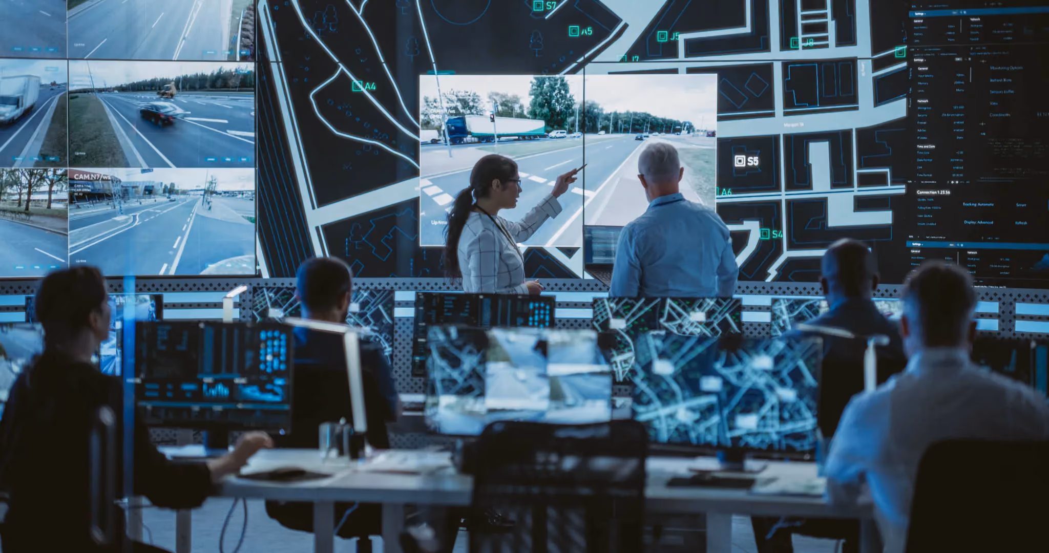 Group of people in a room looking at a computer with roads on it assessing the safety risks.