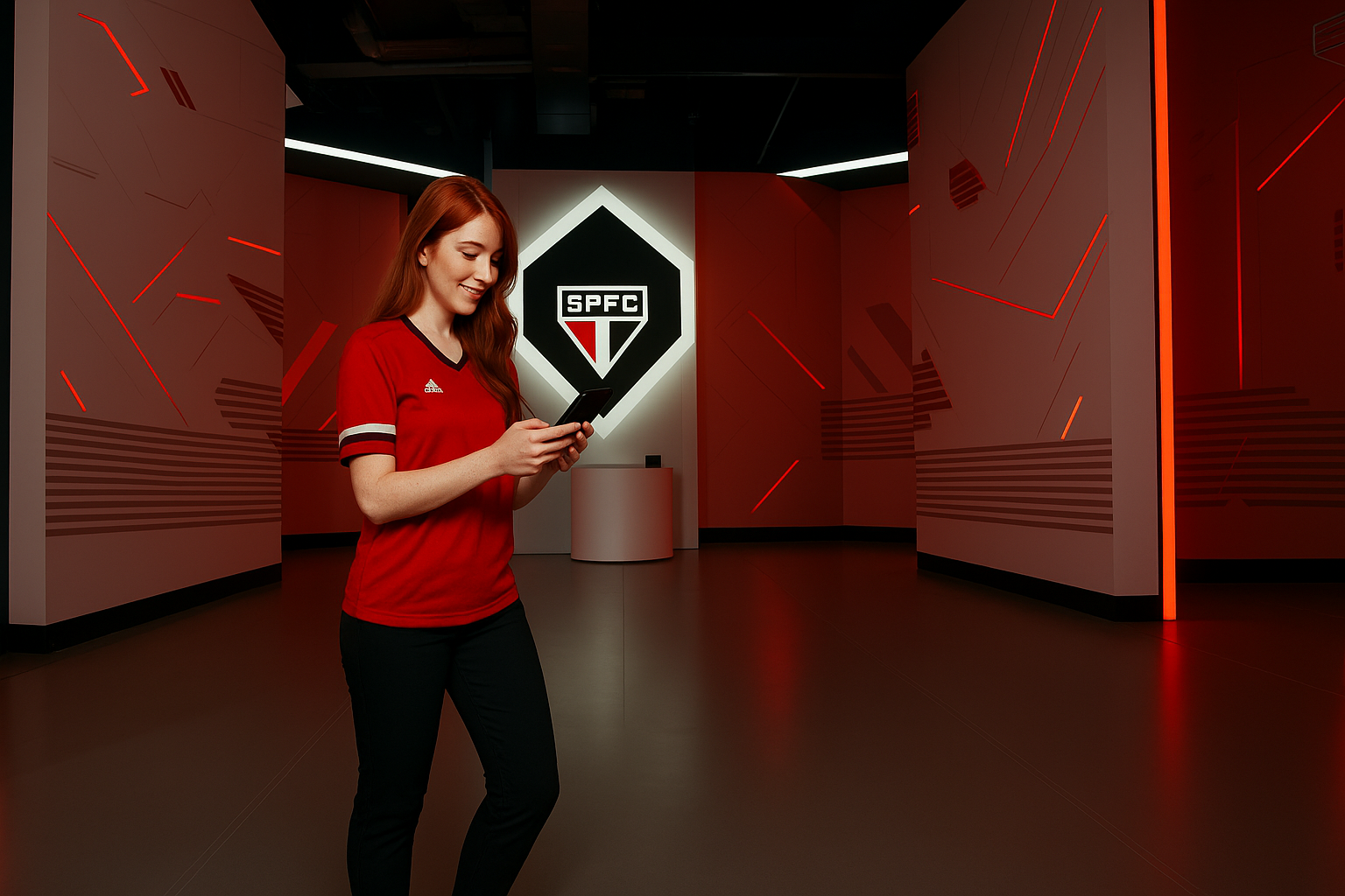 Garota influencer utilizando celular em sala da House Experience