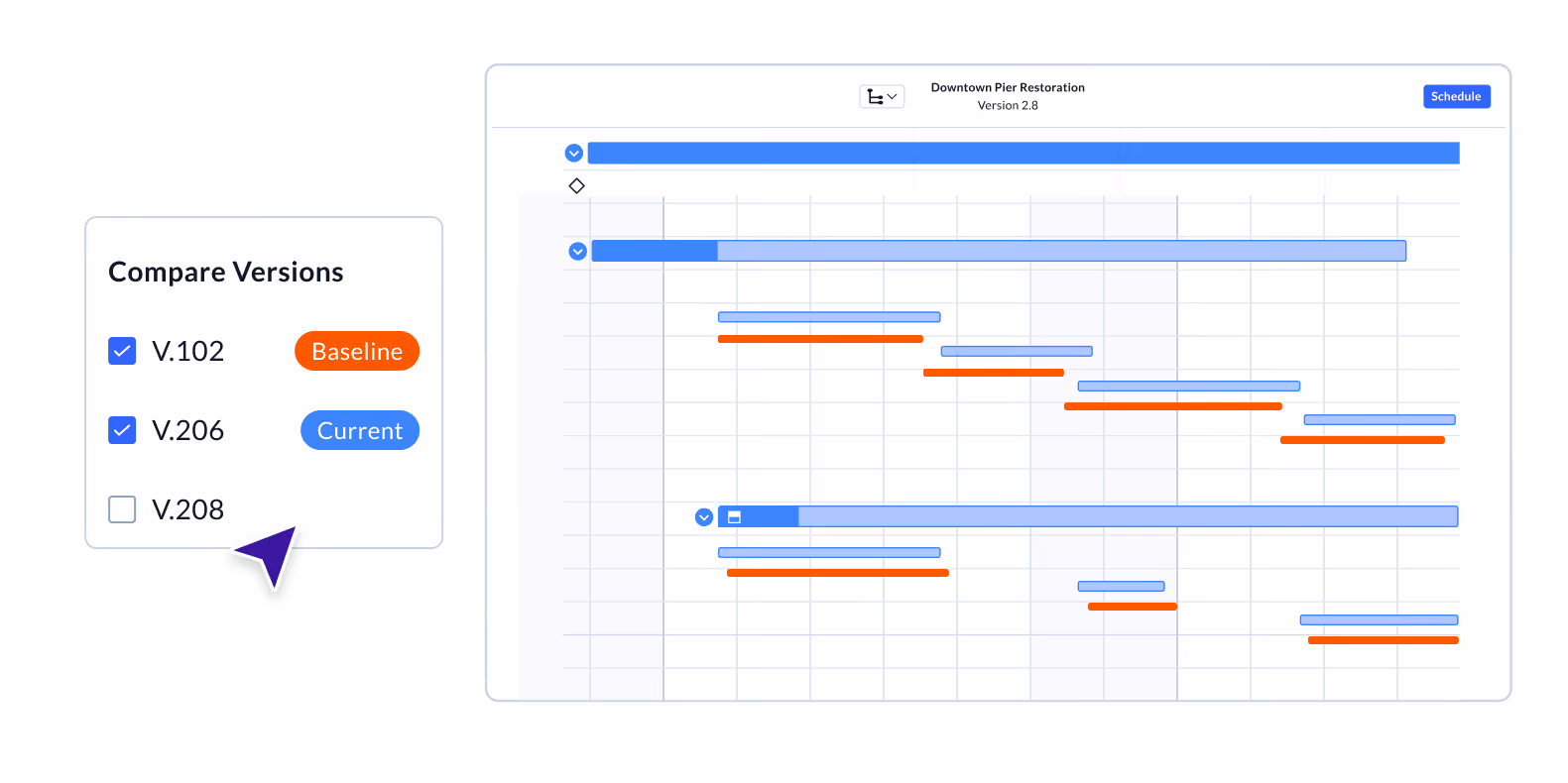 Comparing schedule versions in Gantt view