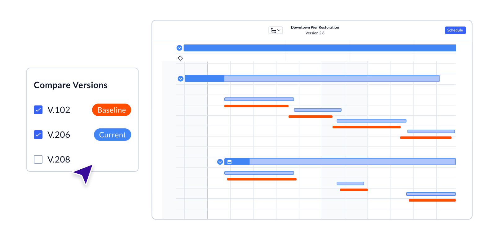 Comparing schedule versions in Gantt view