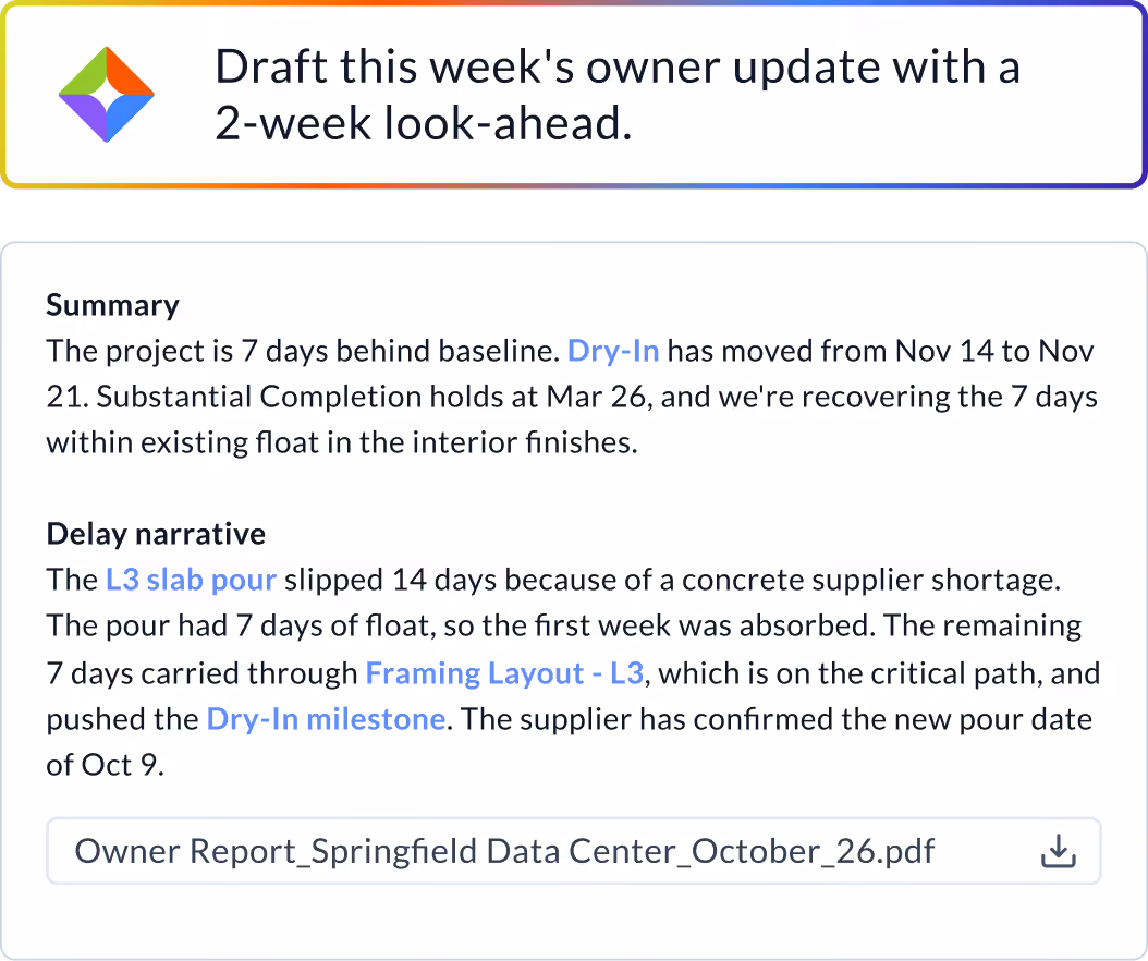 Manny AI generates a sharable report based on the current status of your schedule