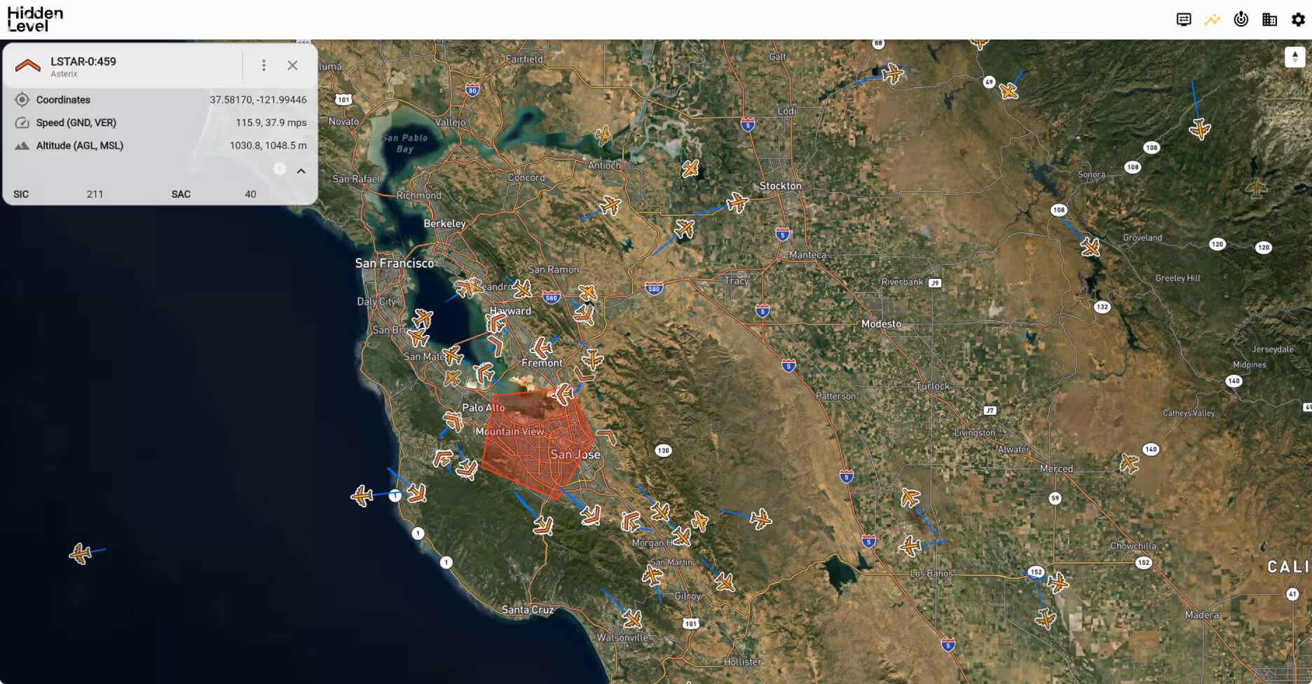 A satellite view displaying flying information over a region 