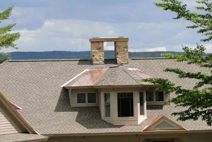 House with a stone chimney and expansive shingle roof.