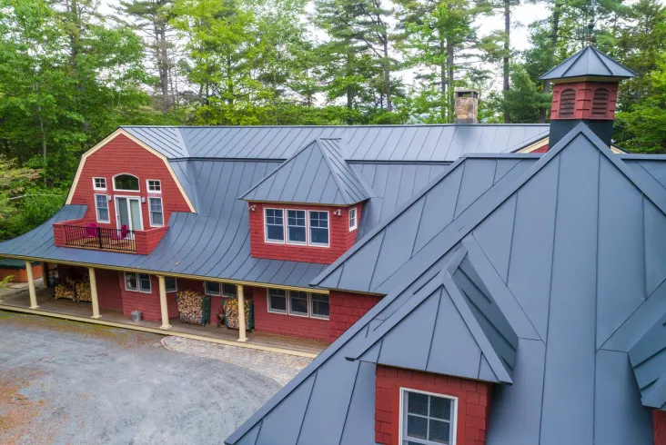 Large red house with a sleek metal roof amid dense forest.