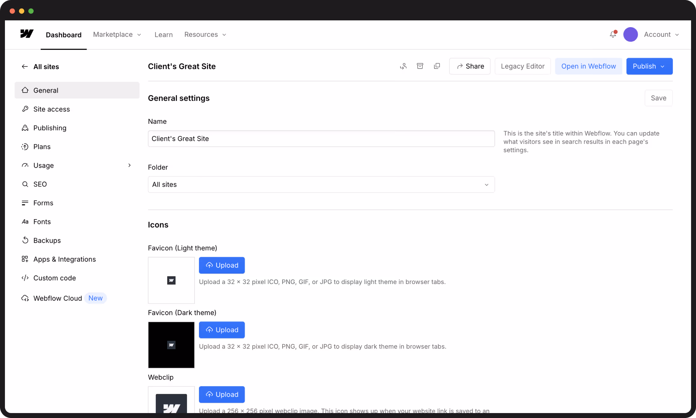 The Webflow dashboard showing your site cards