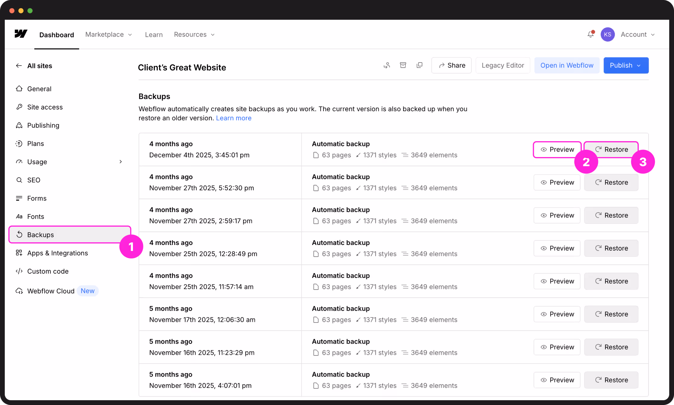 Restoring a backup from Site Settings