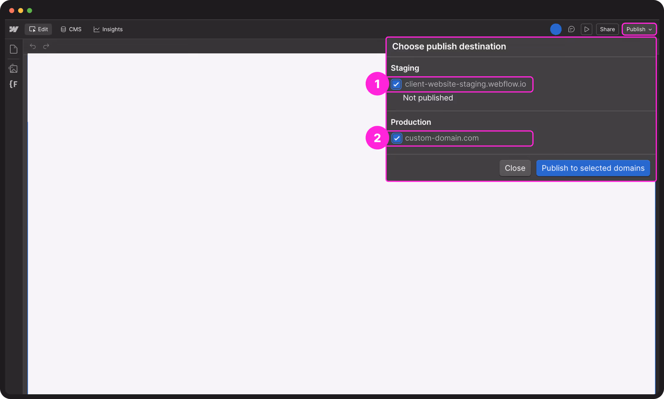 Publishing the site in Webflow