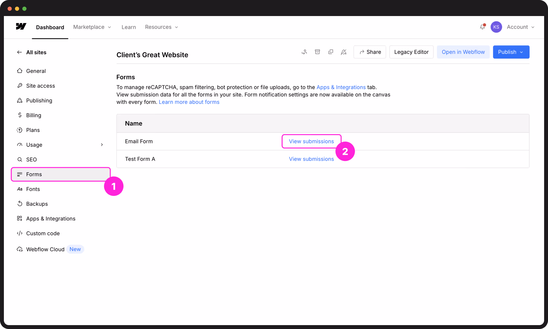Viewing form submissions in Site Settings
