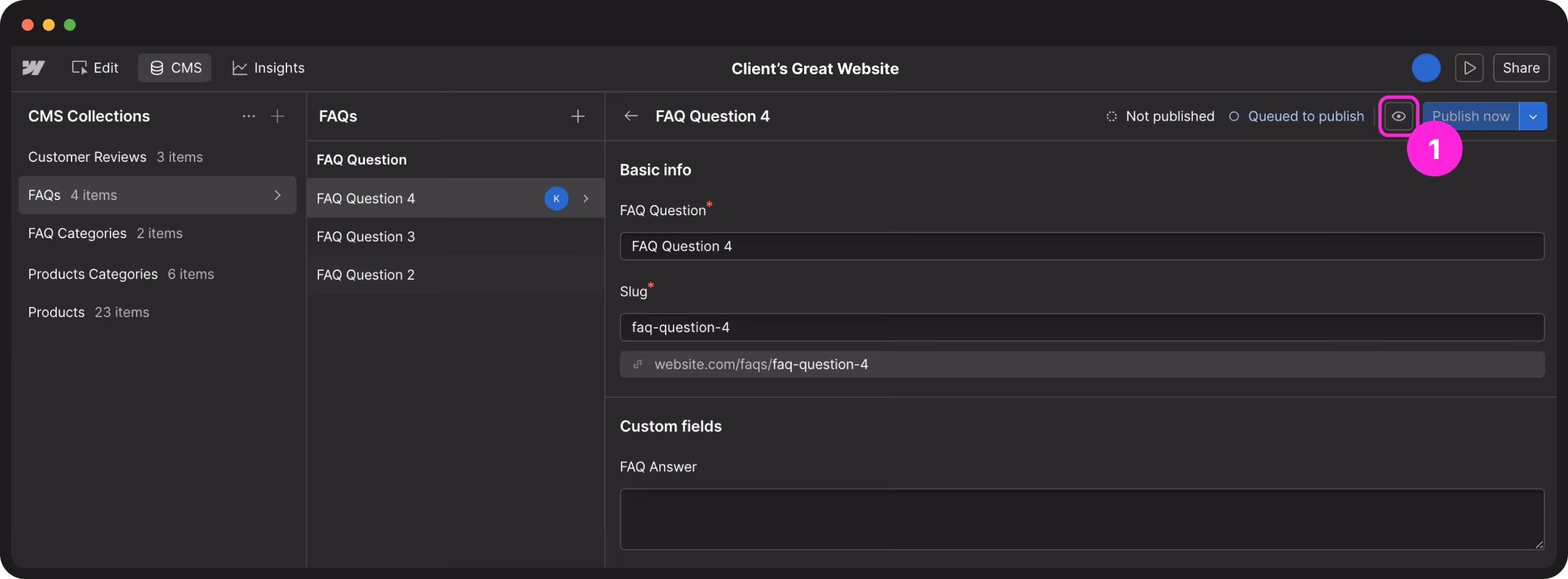 The Webflow dashboard showing your site cards