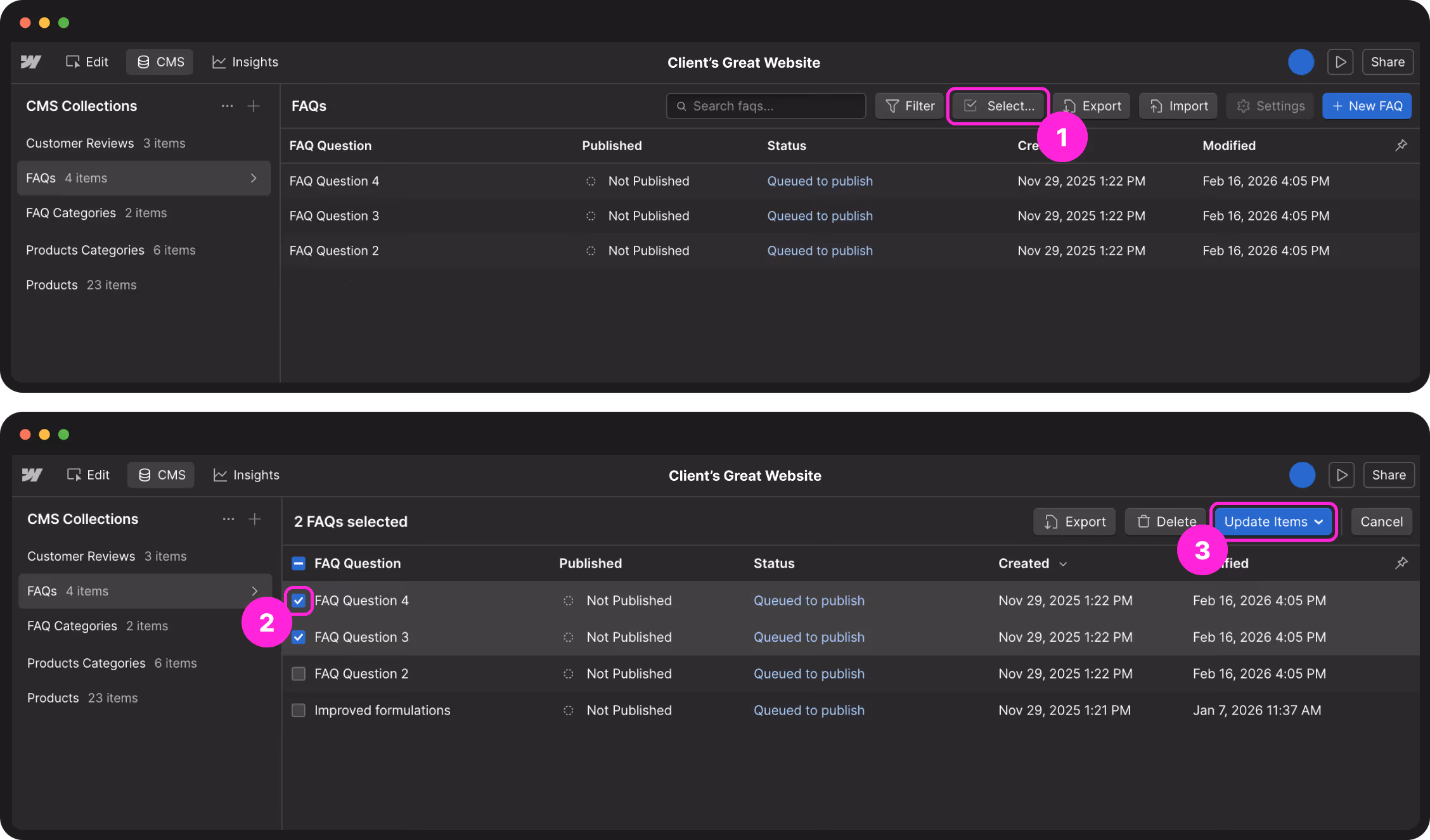 The Webflow dashboard showing your site cards