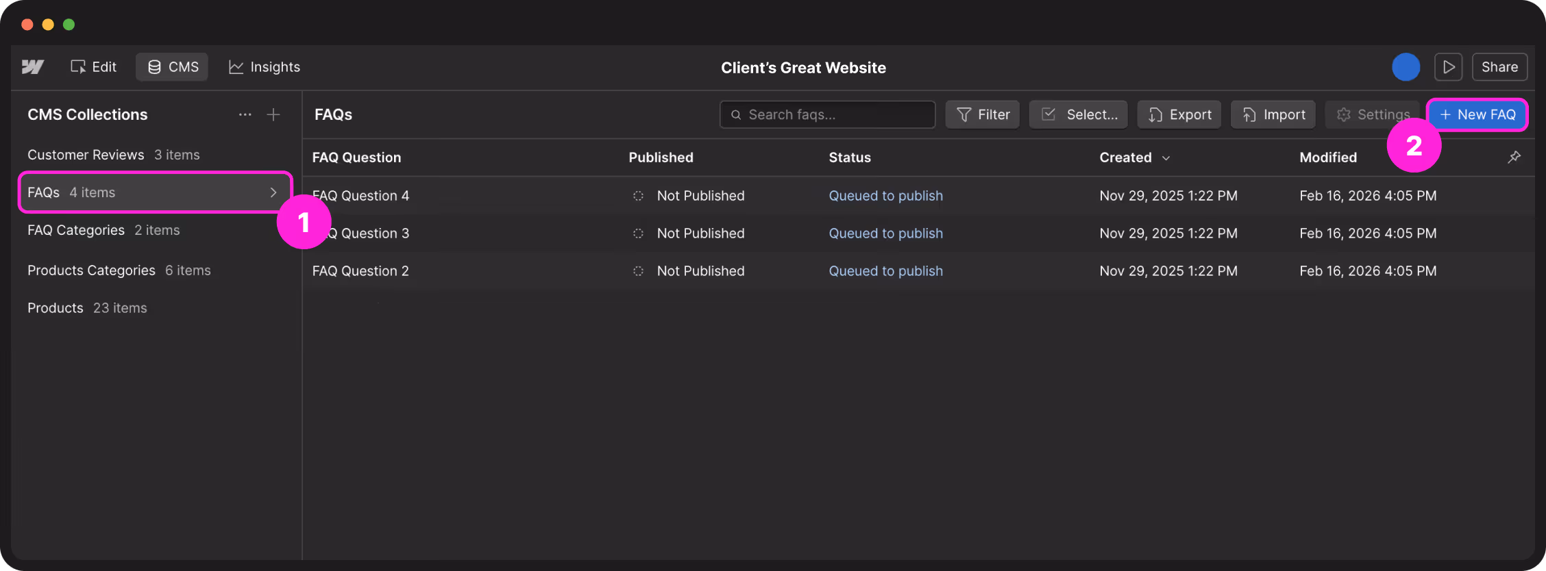 The Webflow dashboard showing your site cards