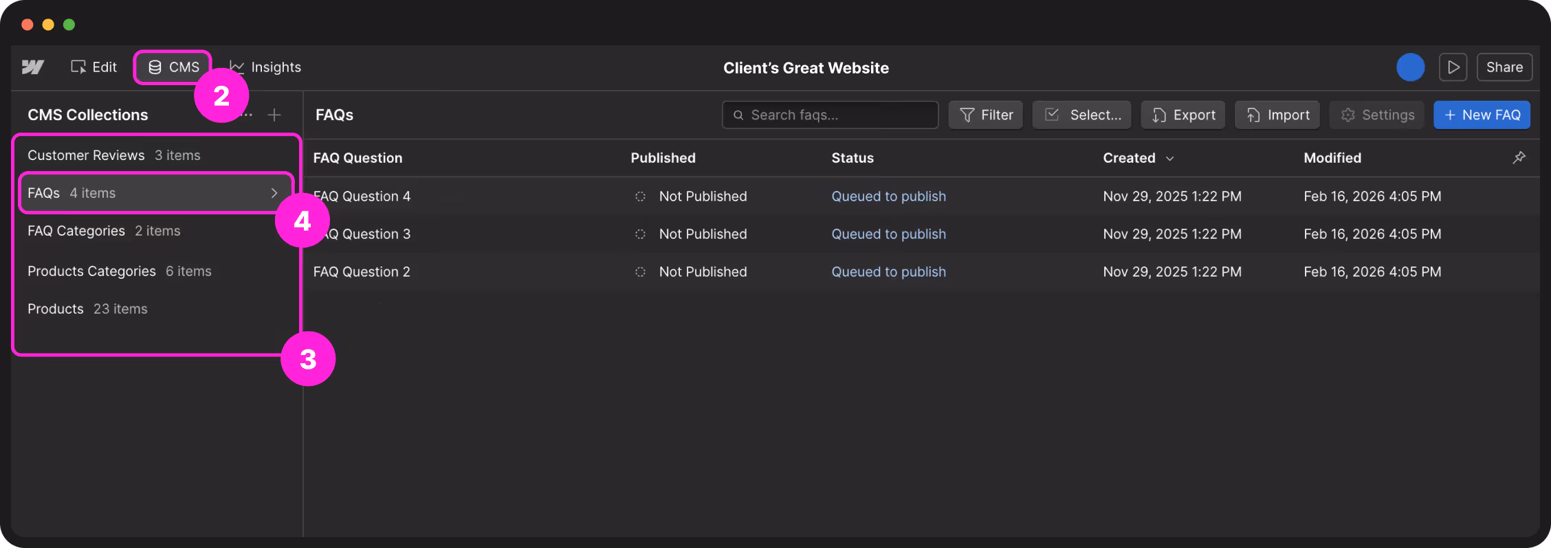 The Webflow dashboard showing your site cards