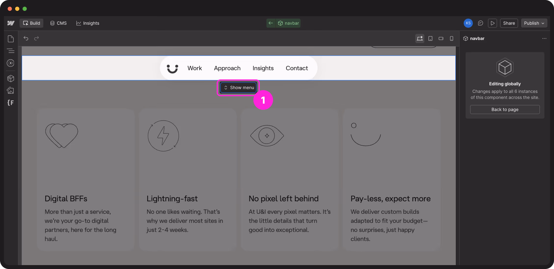The Webflow dashboard showing your site cards