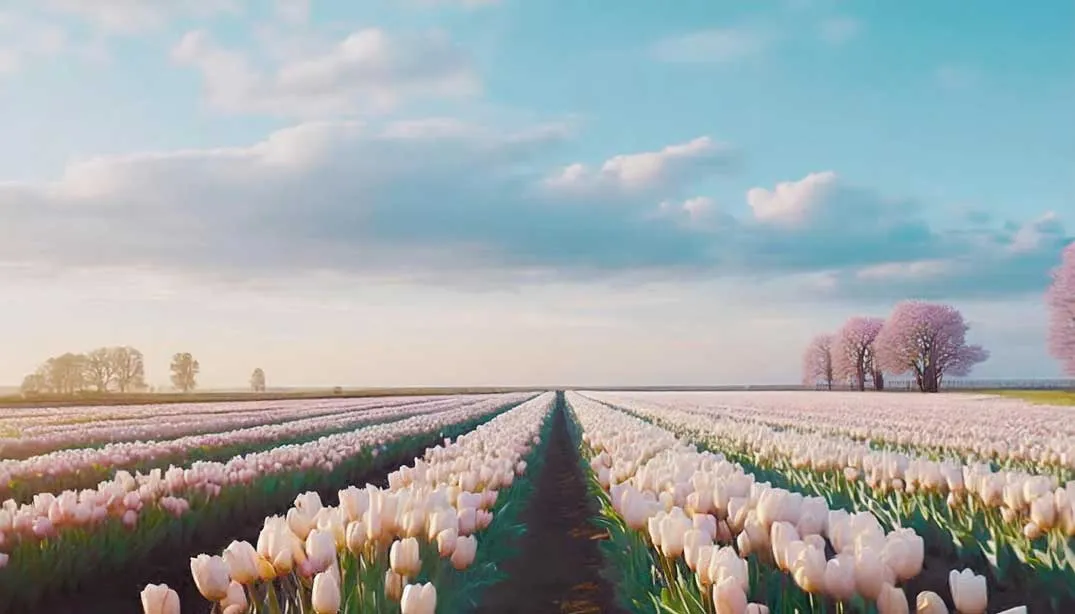 Obrázok jarného poľa plného kvitnúcich tulipánov. 