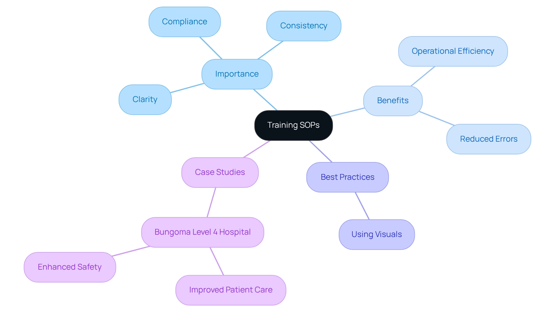 This mindmap starts with the central theme of training SOPs and branches out into various related topics. Each branch represents a different aspect of the discussion — the importance, benefits, best practices, and real-world applications of SOPs.