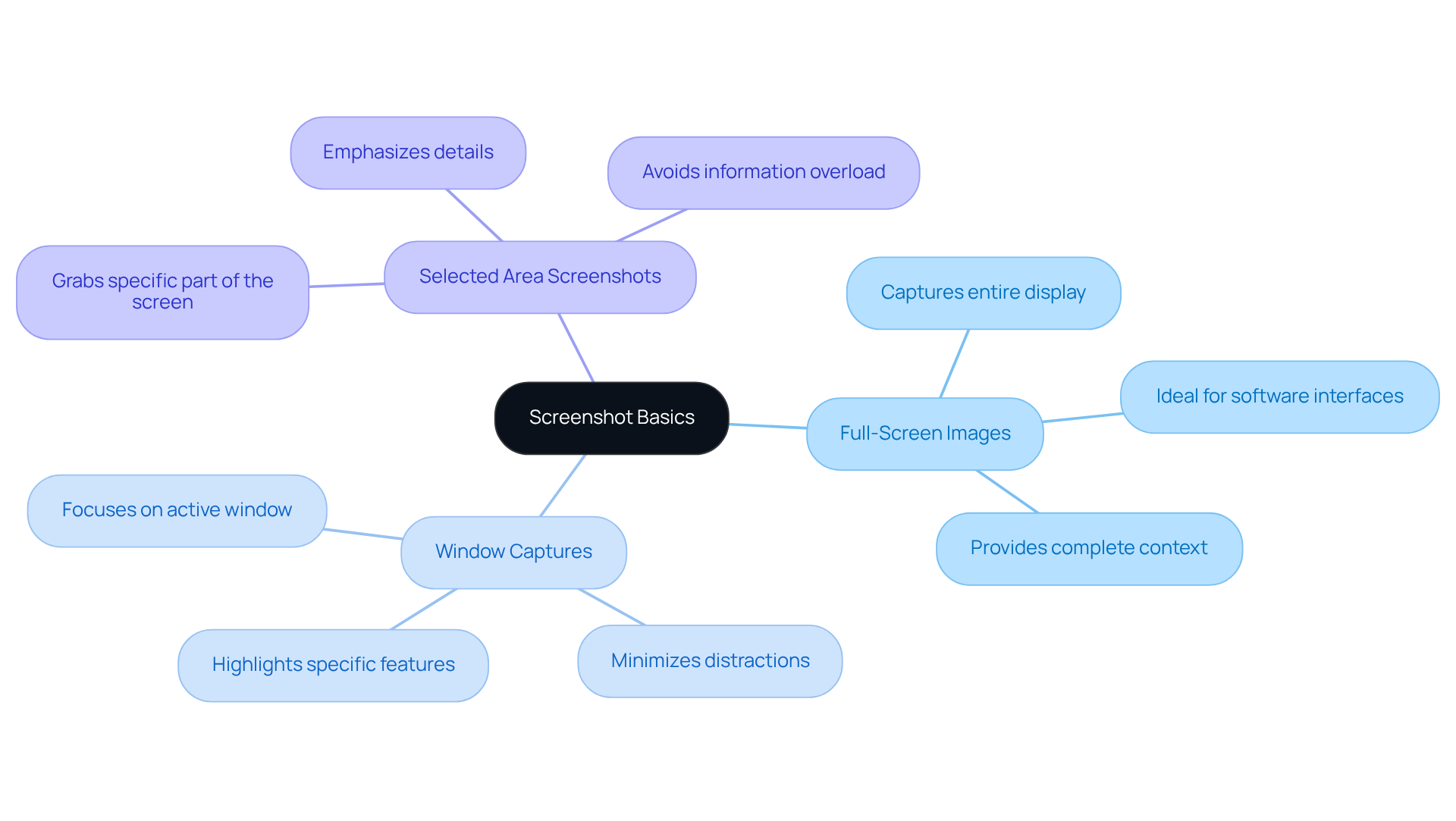 The center represents the main idea of screenshots, and the branches show the different types and their purposes. Follow the connections to learn how they can enhance your documentation.