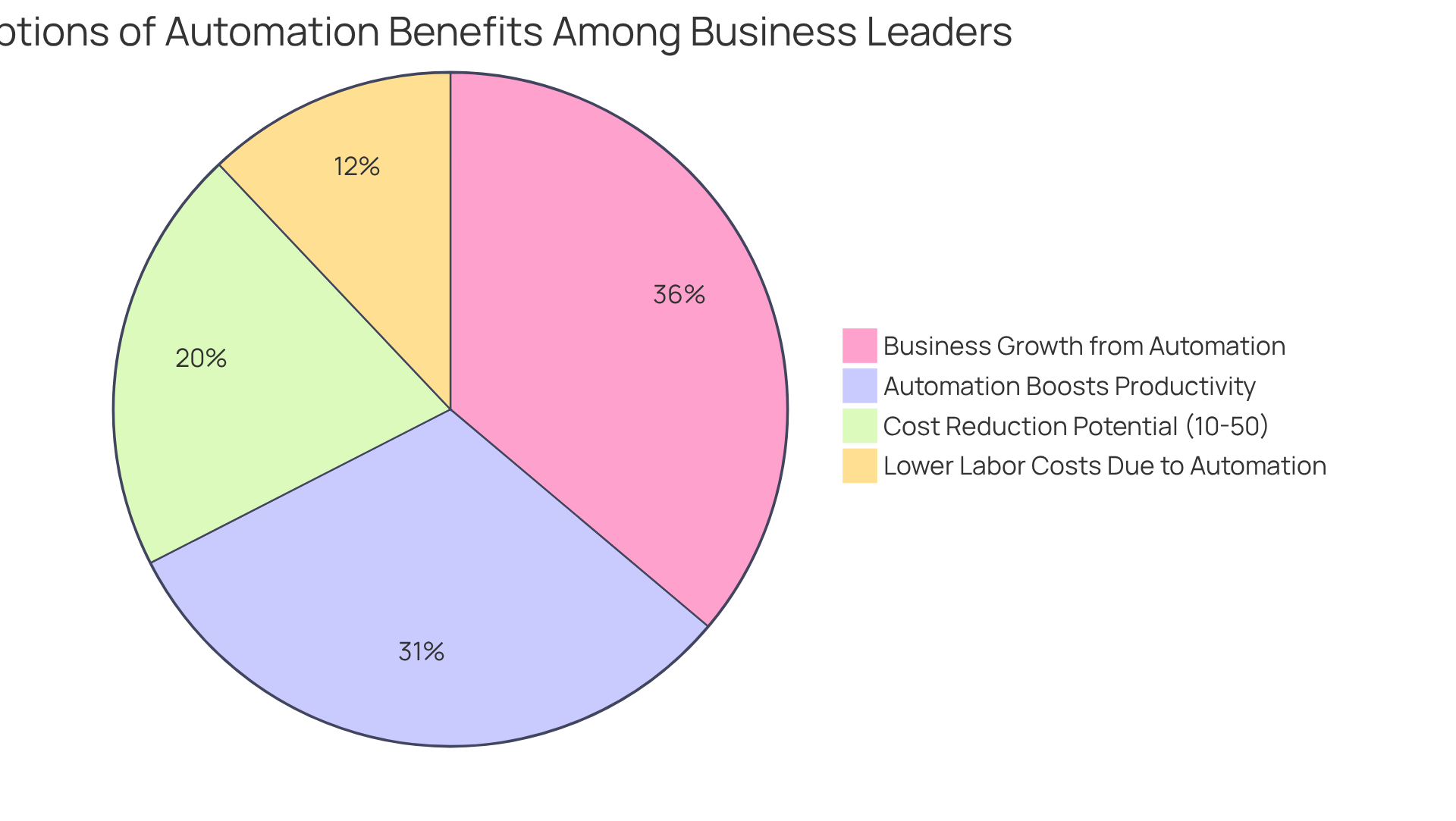Each slice shows a different statistic about how automation is viewed by business leaders and IT professionals — the larger the slice, the more people believe in that particular benefit of automation.
