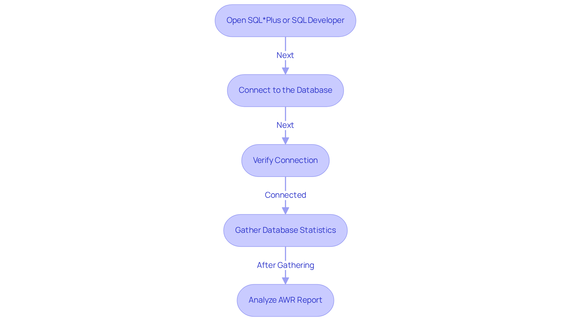 Each box represents a step in the process — follow the arrows to see how to access and verify your connection to the Oracle Database.