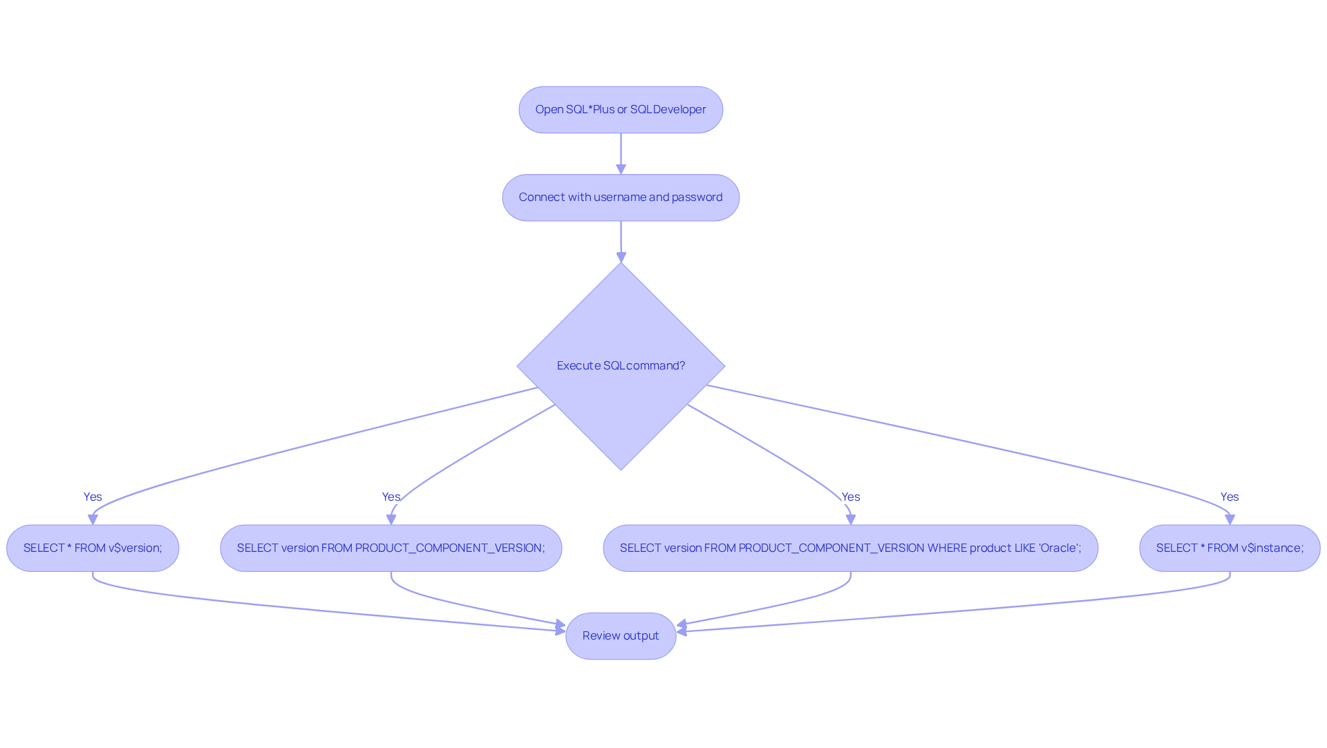 Each box in the flowchart represents a step in the process of checking the database version. Follow the arrows to see how to move from opening the SQL interface to reviewing the output of your command.