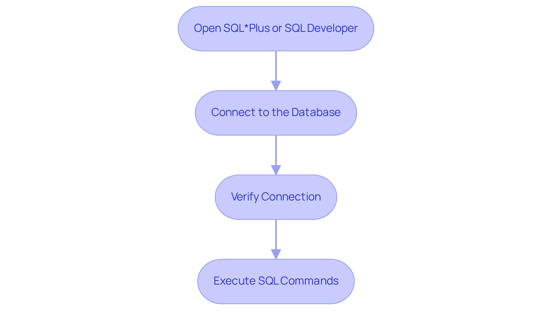 Follow the steps from top to bottom to access the Oracle Database. Each box represents a necessary action to take, leading you from opening the application to executing commands.