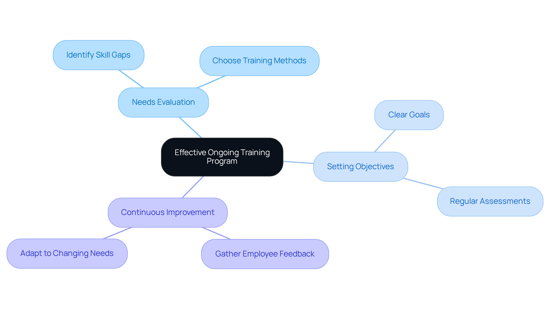 The central node represents the overall goal of an effective training program. Each branch connects to critical components that contribute to this goal, illustrating how they support the overarching strategy.