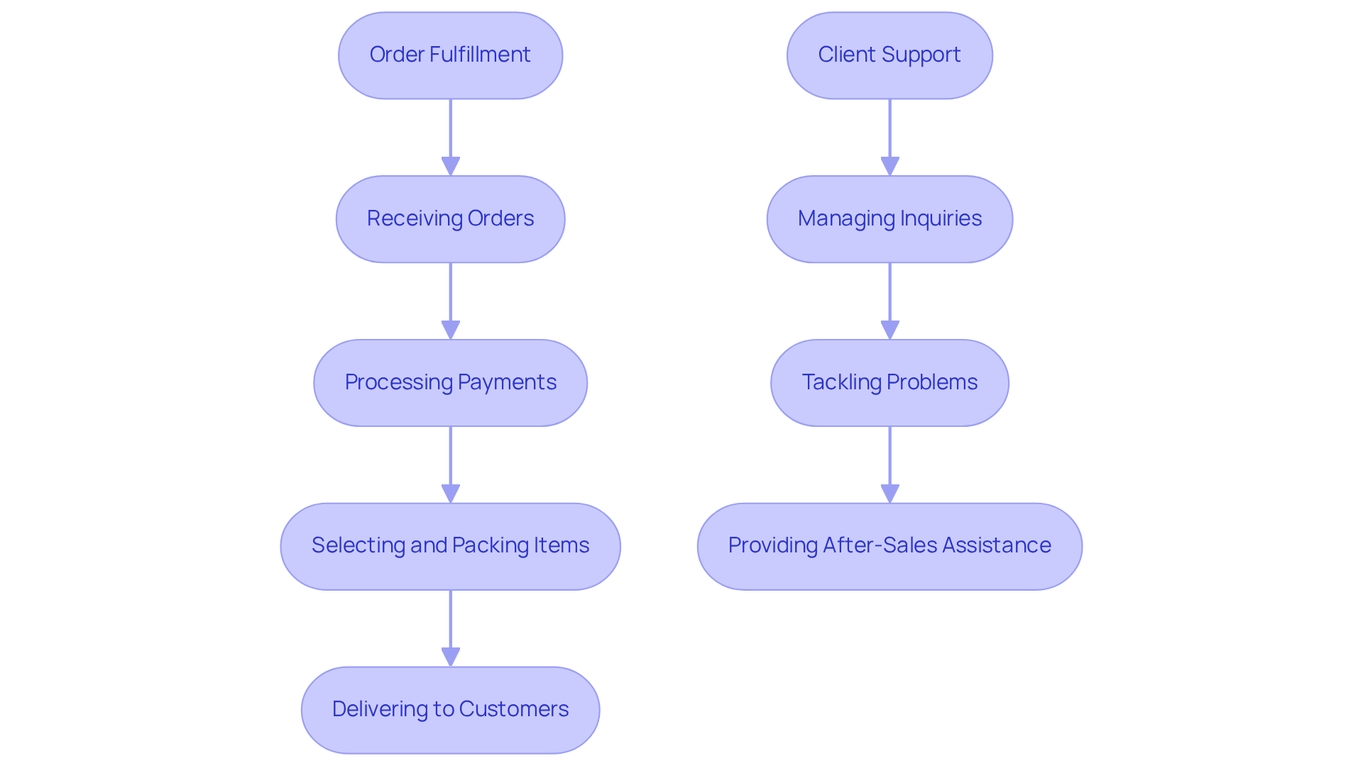 Each box represents a step in the operational process. Follow the arrows to see how each step leads to the next, both in fulfilling orders and providing client support.