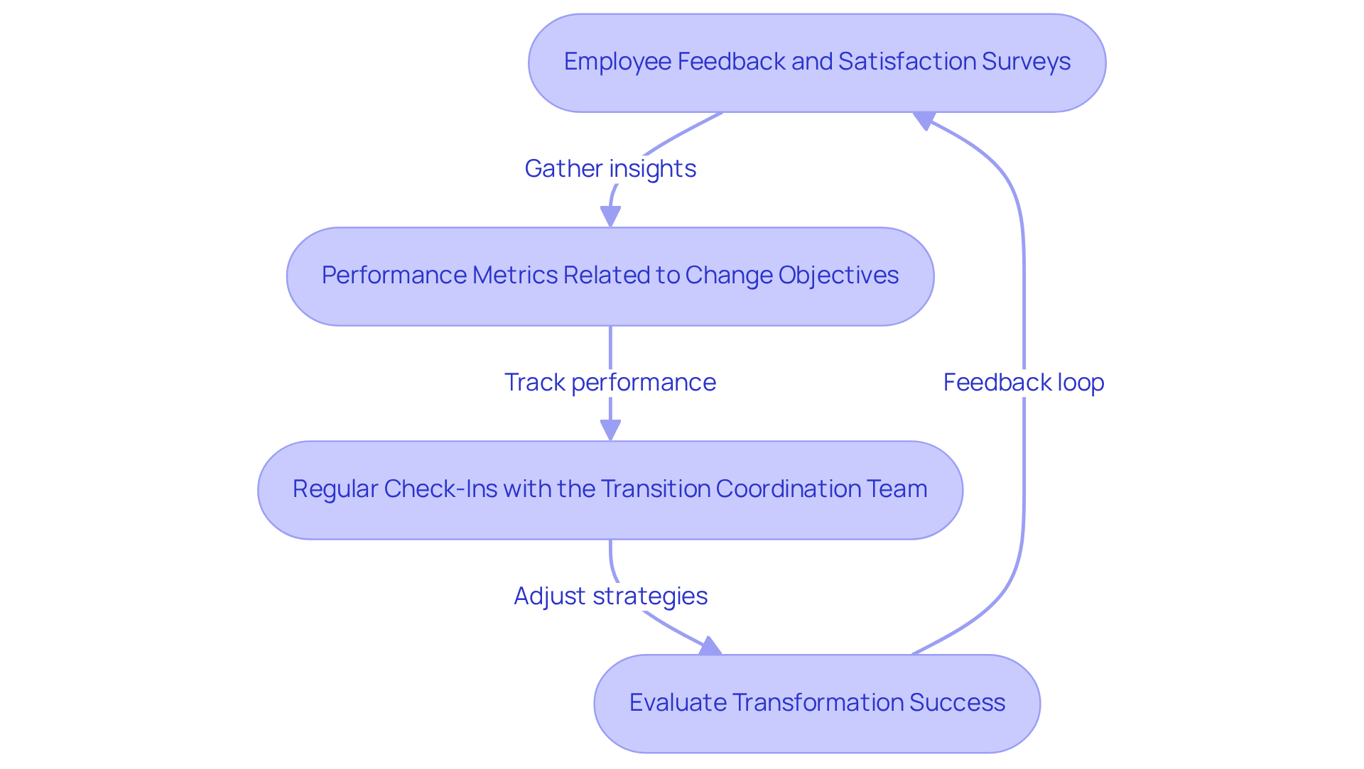 Each box represents a strategy for monitoring change. Follow the arrows to see how each strategy leads to the next in the evaluation process — together, they help assess the success of transformation initiatives.