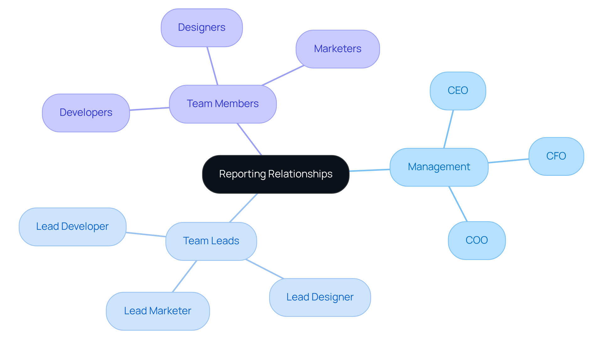 The central node shows the focus on reporting relationships. Each branch represents different categories of roles within the organization, helping you see who reports to whom and where communication should flow. The central node shows the focus on reporting relationships. Each branch represents different categories of roles within the organization, helping you see who reports to whom and where communication should flow.