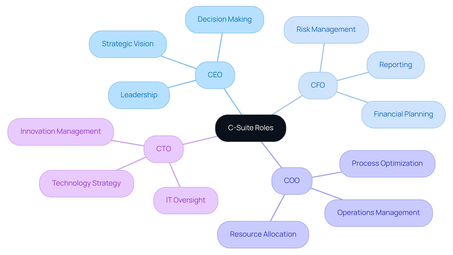 The center represents the C-Suite, with branches showing each key role. Each branch's subpoints list specific responsibilities, illustrating how they all contribute to teamwork and the company’s success. The center represents the C-Suite, with branches showing each key role. Each branch's subpoints list specific responsibilities, illustrating how they all contribute to teamwork and the company’s success.